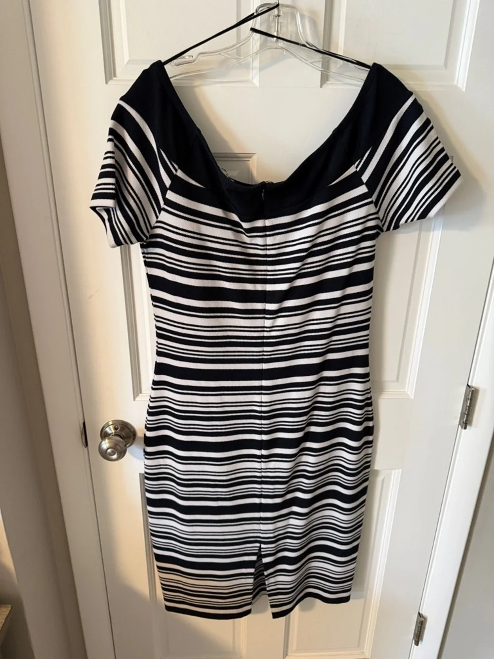 Michael Kors Striped Off-Shoulder Pique Knit Midi Dress Navy/White Size Large